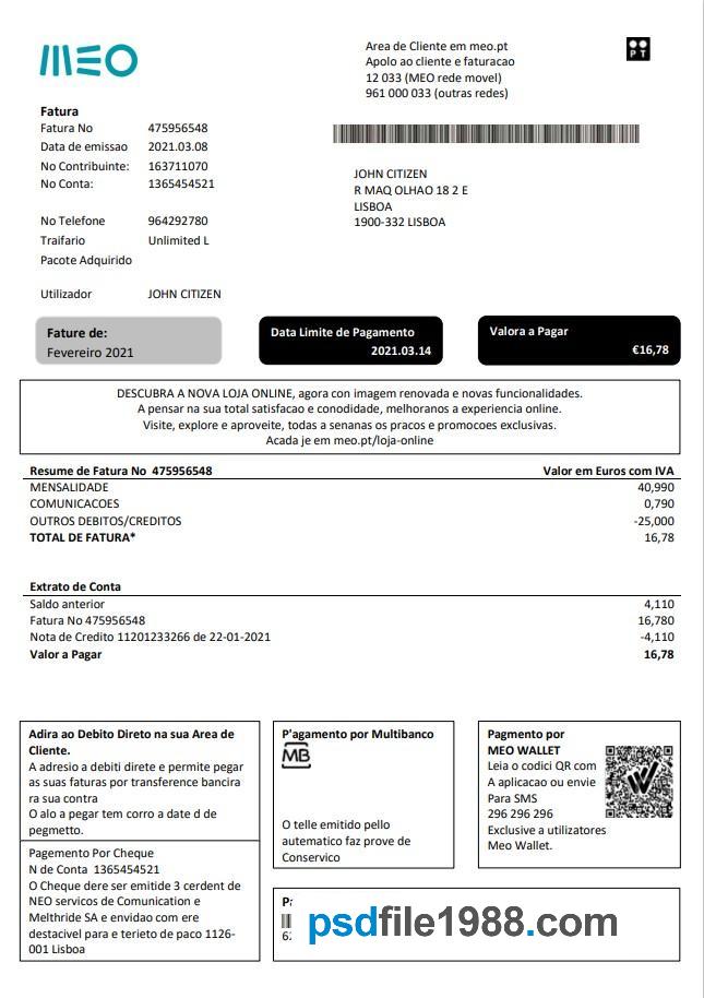 Portugal MEO Utility Bill